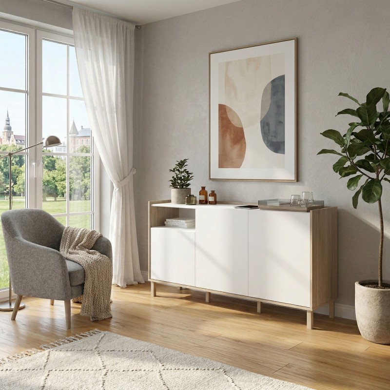 Aparador Azzaro Salón con 3 puertas Roble Japonés y Blanco Mate 150x75 cm