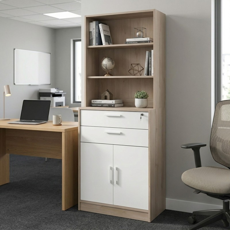 Estantería de Oficina 2 Cajones Veltis Blanco mate y Roble Japonés 79x202x40 cm