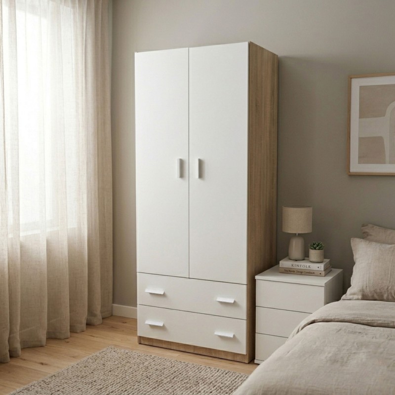 Armario Juvenil Turín Dormitorio Juvenil 2 Cajones Roble Cambrian y Blanco Mate