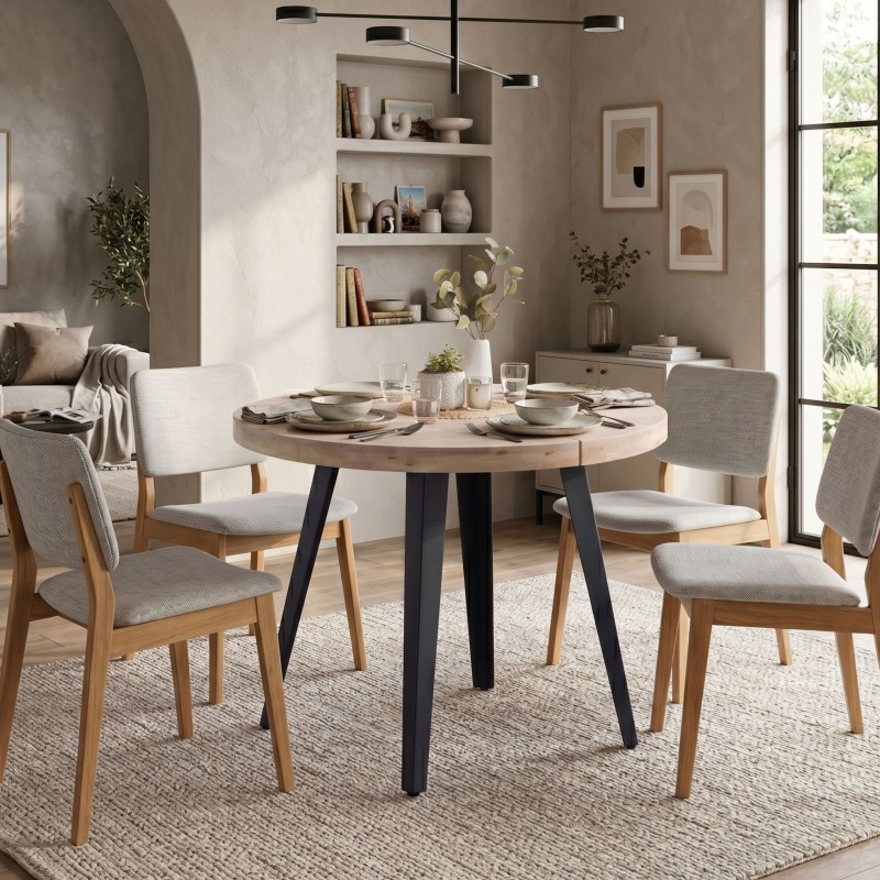 Mesa Comedor Redonda Extensible Berg Madera Color Roble Nordish y Negro 100-180x100 cm