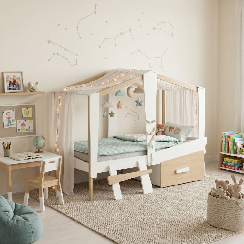 Cama Infantil Cabane Con Cajón Roble Y Blanco Mate 90x200 cm