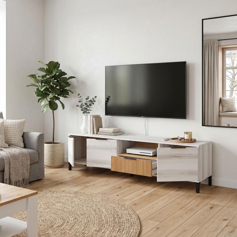 Mesa de Tv Tokio 178 cm Salón Comedor Blanco Albo y Roble Rayado