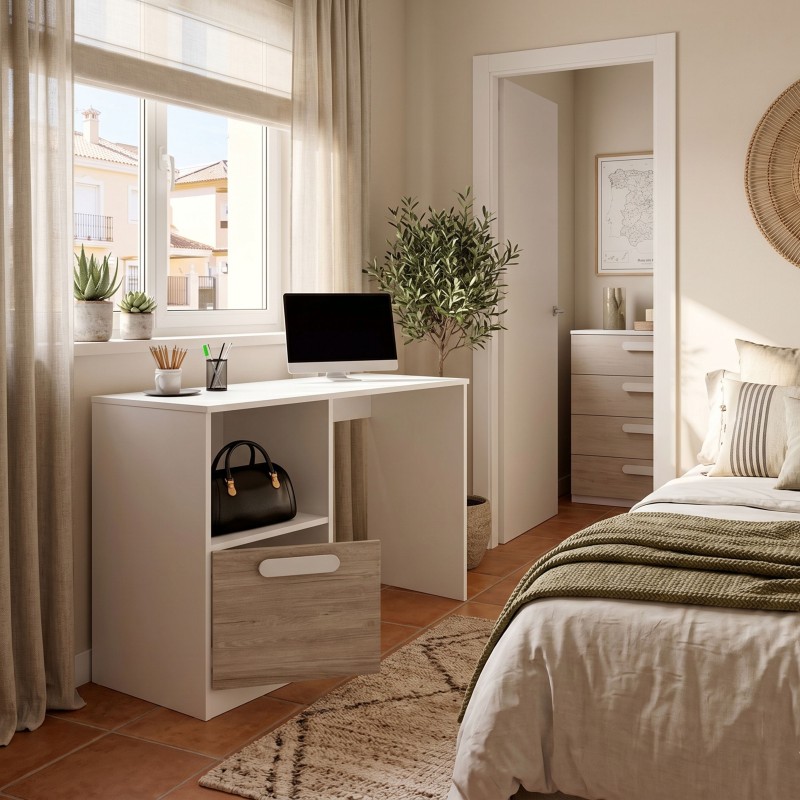 Mesa Escritorio Estelle Juvenil Color Blanco Mate y Roble Sahara 100 cm