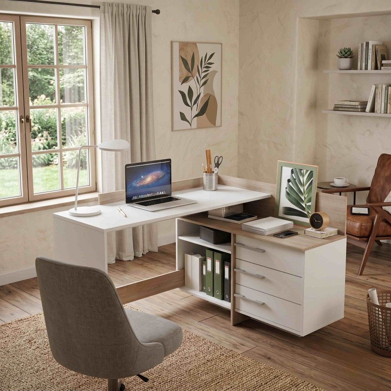Escritorio con cajonera 129 cm roble cepillado y blanco mate