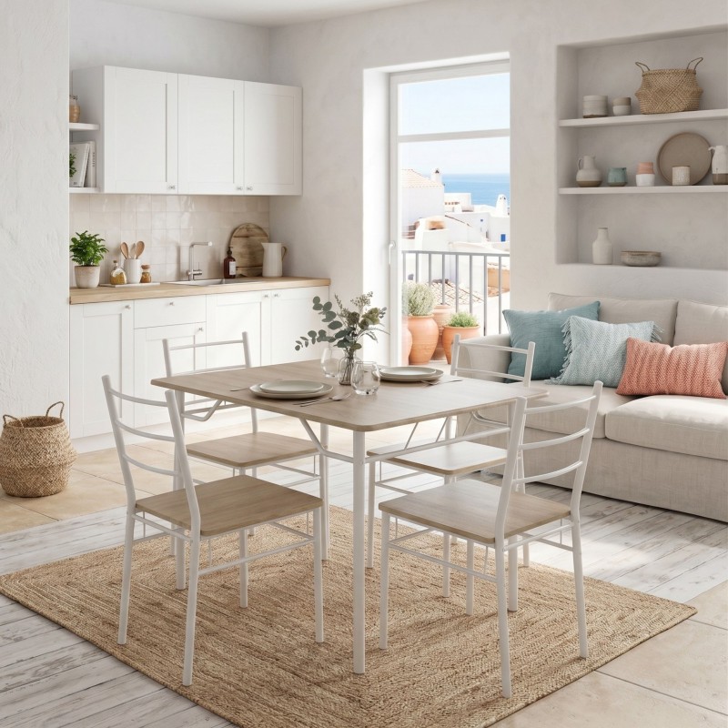 Conjunto Mesa Cocina y 4 Sillas Color Blanco y Roble Sonoma