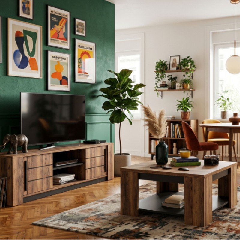 Pack Salón Mónaco Industrial En Roble Oscuro y Negro (Mesa TV + Mesa Centro)