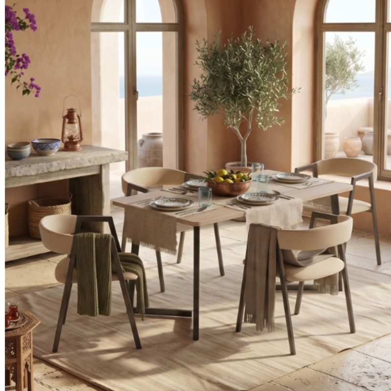 Conjunto Mesa Fija Comedor y 4 Sillas Bergam Color Roble y Beige