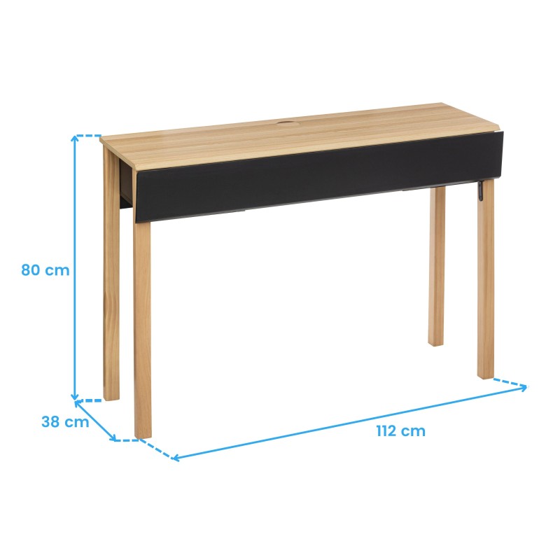 Escritorio de madera natural con cajón negro frontal y patas de madera maciza
