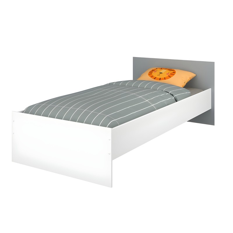 Cama infantil estructura blanca y cabecero gris con ropa de cama gris rayada y almohada naranja
