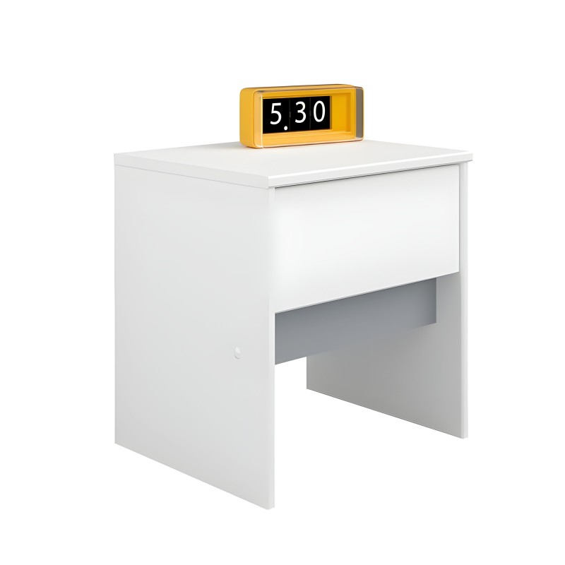Mesita de noche blanca con cajón y hueco abierto inferior y reloj digital amarillo encima