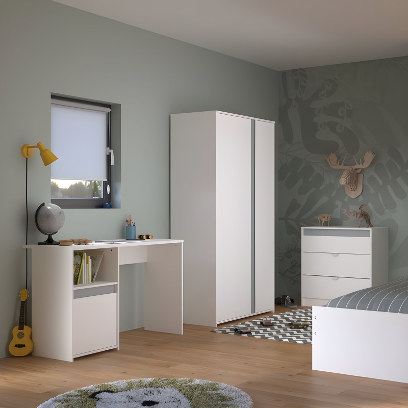Conjunto de dormitorio infantil blanco con escritorio y armario en ambiente de habitación