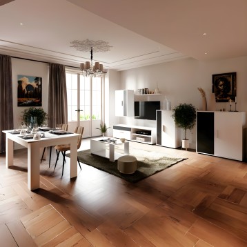 Mueble TV modular blanco y negro con estantes abiertos y compartimentos cerrados en salón integrado