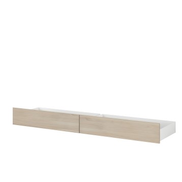 Cajón bajo cama madera clara y blanco con dos divisiones y asas integradas