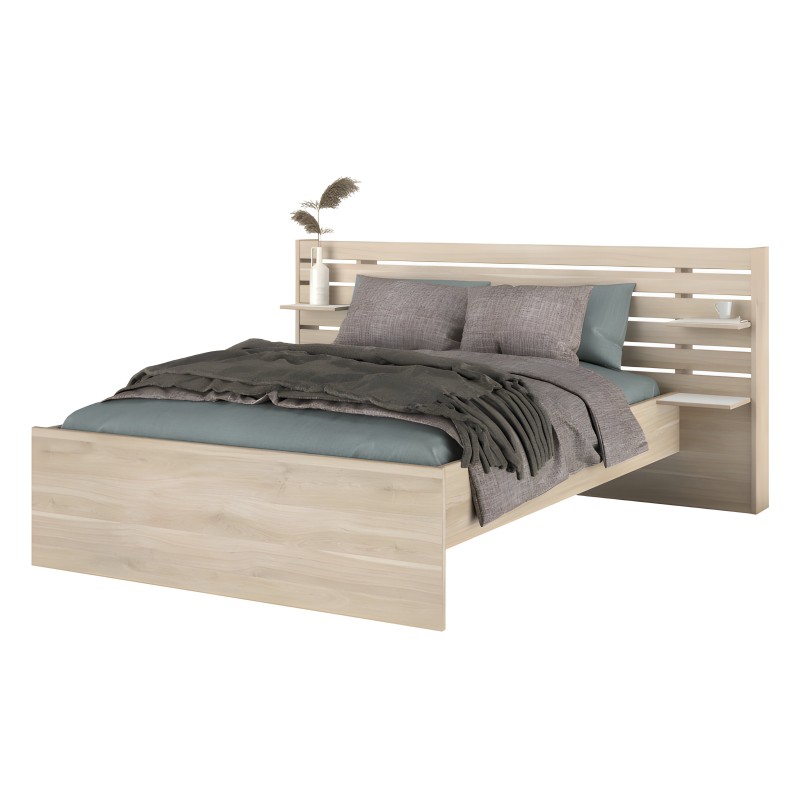 Cama de madera clara con cabecero de lamas y repisas integradas vestida con ropa de cama gris y azul