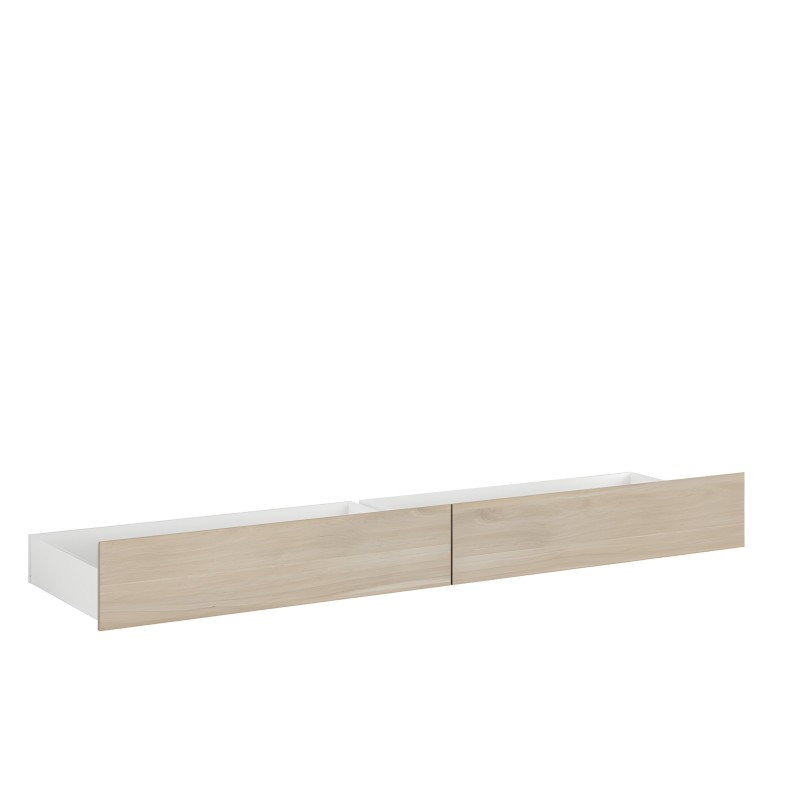 Cajón bajo cama blanco y roble con dos compartimentos y frentes de madera clara