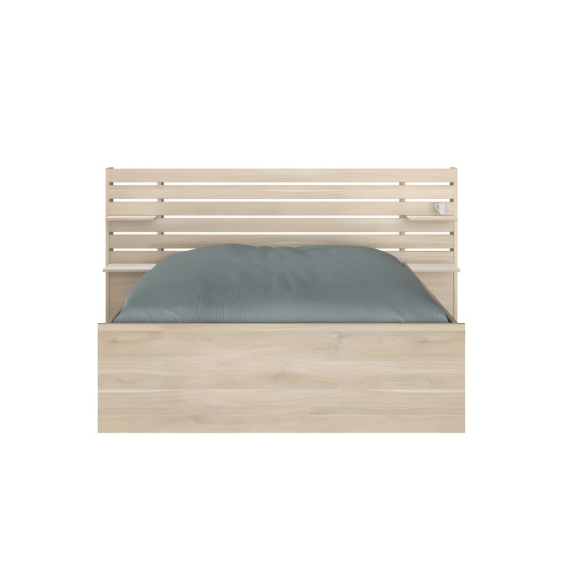 Cama de madera clara con cabecero de listones horizontales y almohada azul grisácea