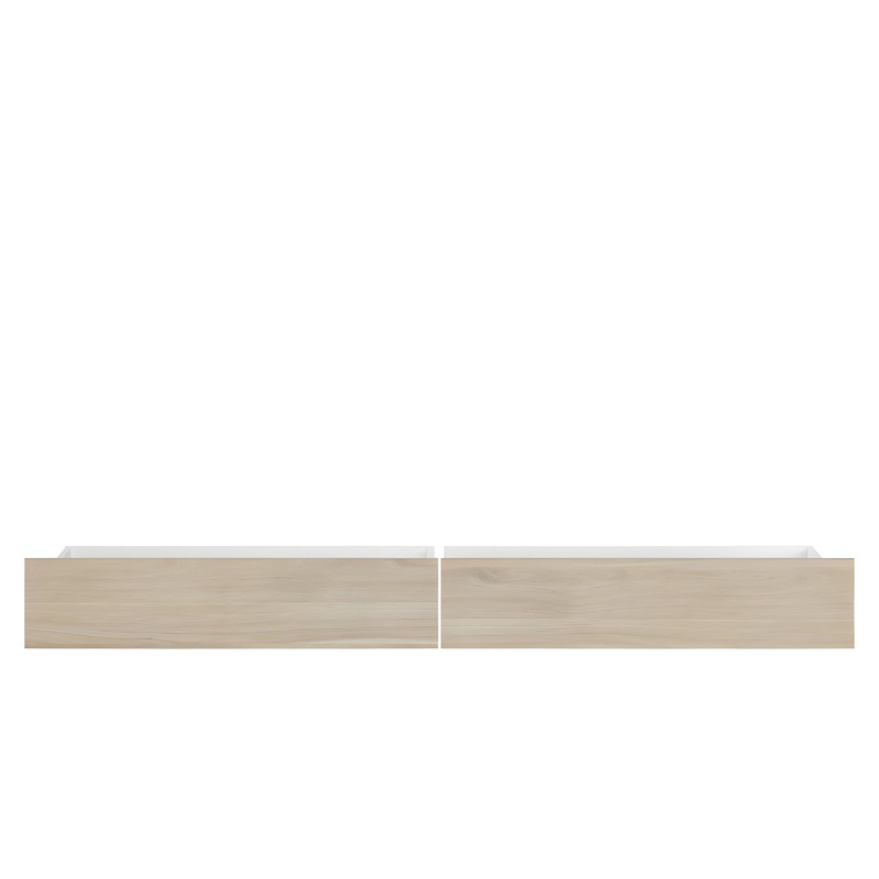 Cajonera de madera clara con dos módulos separados y tiradores metálicos blancos