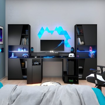 Escritorio gaming negro modular con estantes y luces LED azul turquesa para habitación