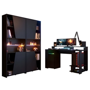 Conjunto de muebles gaming negro con estantería modular con luces LED y escritorio gamer con soporte para monitor
