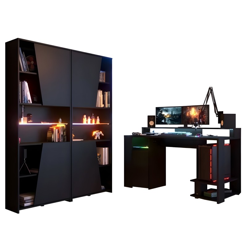 Conjunto de muebles gaming negro con estantería modular con luces LED y escritorio gamer con soporte para monitor
