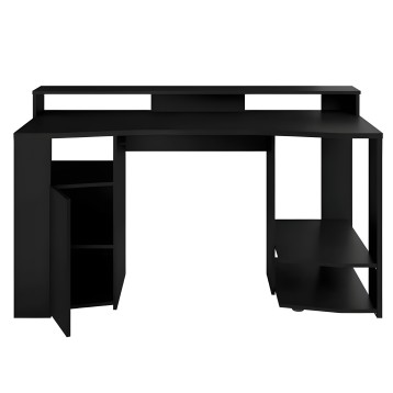Escritorio negro con almacenamiento lateral y estantería integrada vista frontal