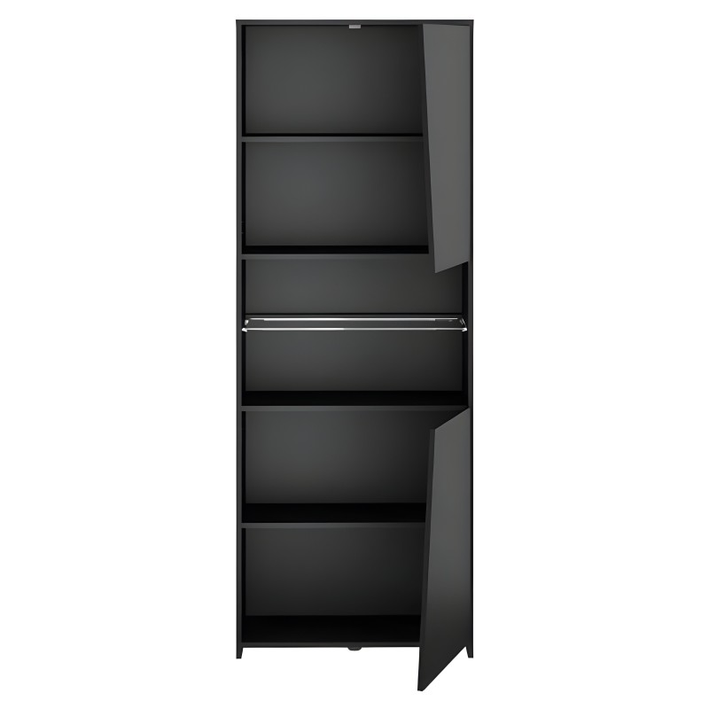 Estantería vertical negra de seis estantes abiertos y estructura metálica con diseño moderno y minimalista