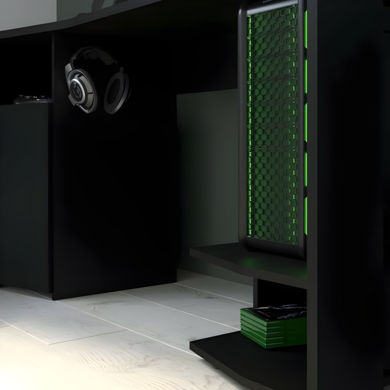 Escritorio gaming negro con panel trasero verde iluminado y estructura modular para setup de computadora