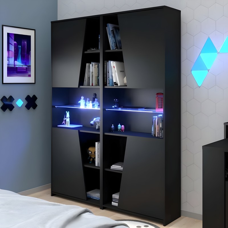 Estantería negra con puertas y compartimentos iluminados en azul para libros y decoración