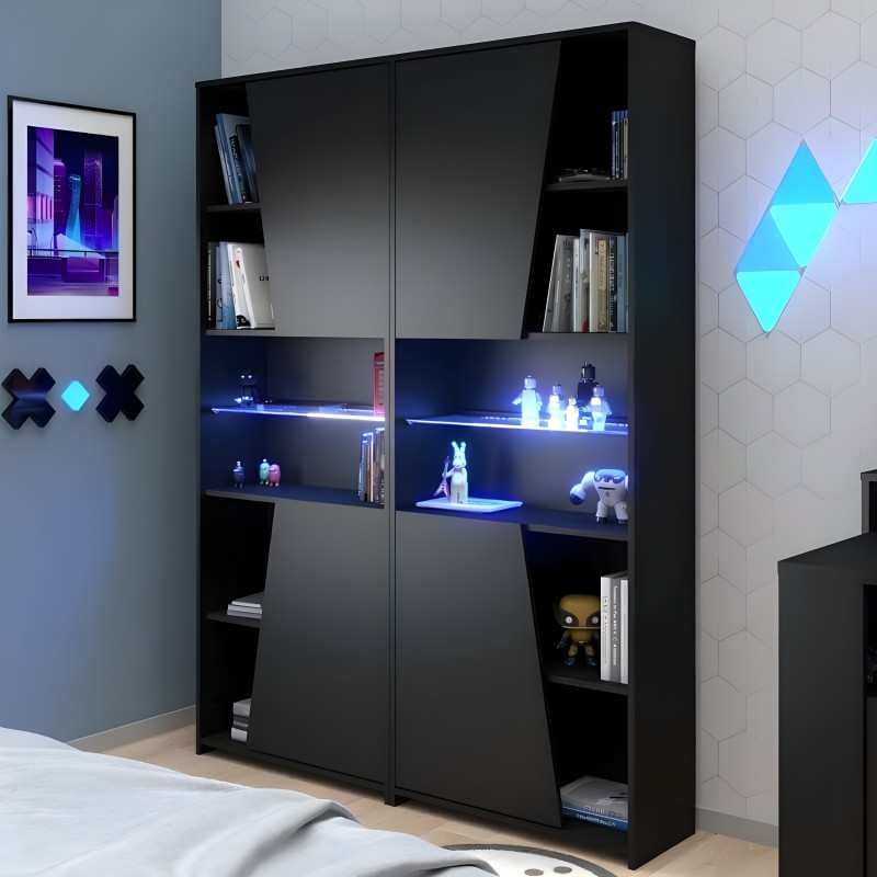 Mueble vitrina negro con puertas correderas y estantes con iluminación LED azul en ambiente de dormitorio moderno