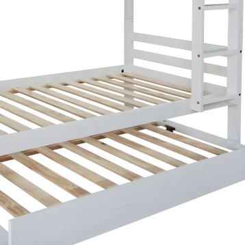 Cama litera blanca con estructura de madera y escalera lateral integrada vista en detalle de montaje