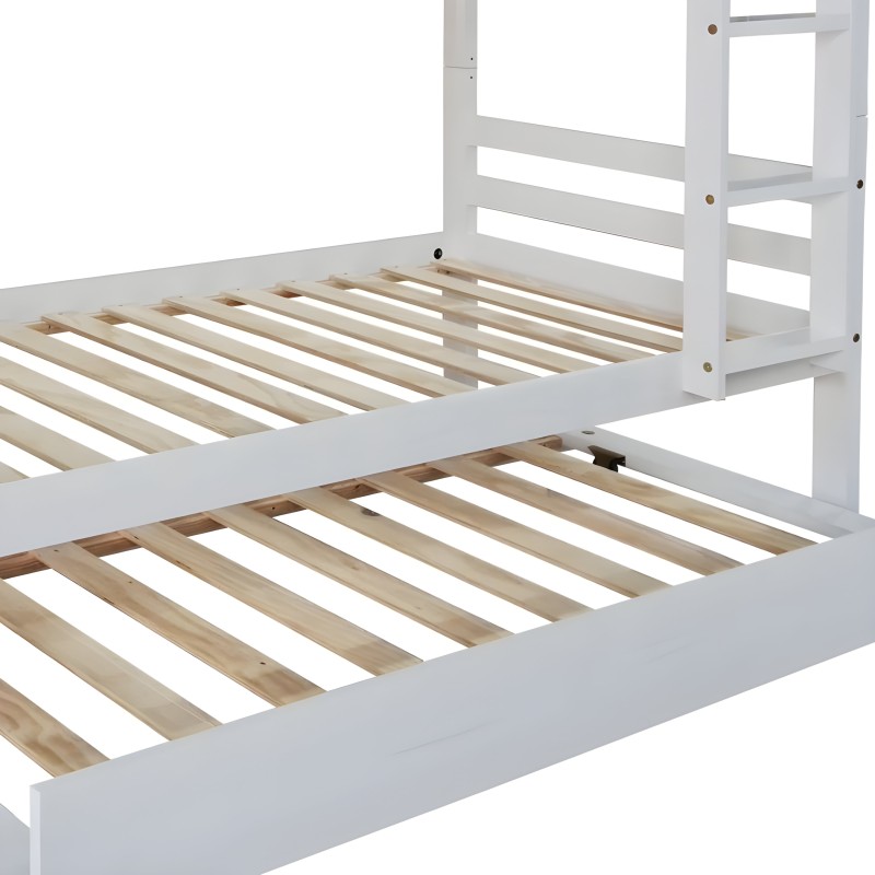 Cama litera blanca con estructura de madera y escalera lateral integrada vista en detalle de montaje