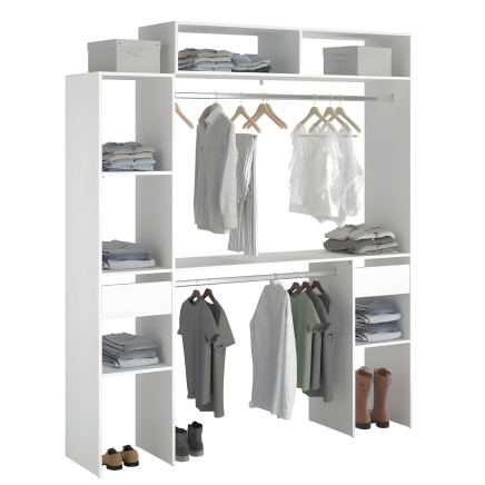 Armario abierto blanco modular con estantes y barras para colgar ropa y guardar calzado