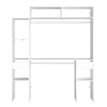 Estantería modular blanca con múltiples compartimentos y barras de suspensión vista frontal