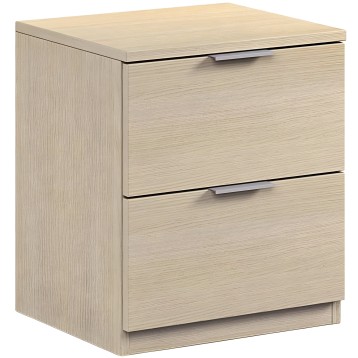 Mesita de noche en madera clara con dos cajones y tirador metálico