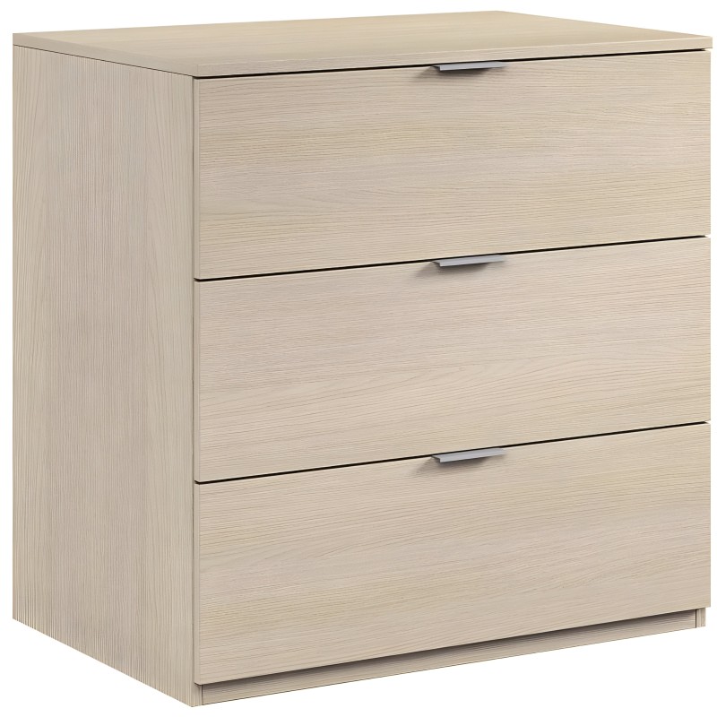 Cómoda de madera clara con tres cajones y tiradores metálicos