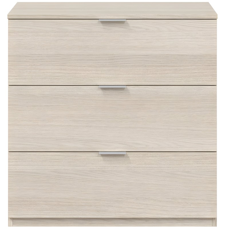 Cajonera de madera clara con tres cajones y tiradores metálicos vista frontal
