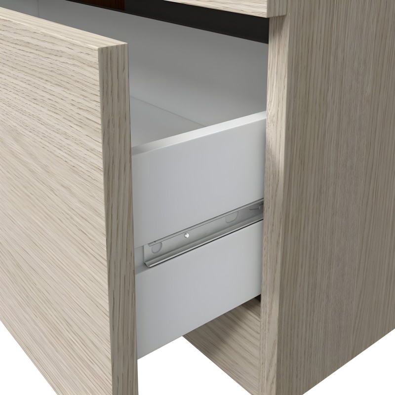 Cajón extraíble blanco con estructura en madera clara y guía metálica vista en detalle frontal