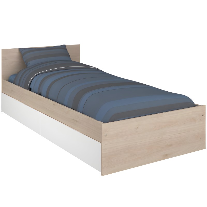 Cama individual madera natural y blanco con cajones de almacenamiento y ropa de cama a rayas azules