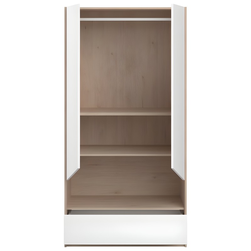 Armario abierto con estructura blanca y interior en madera taupe con estantes y base inferior vista frontal