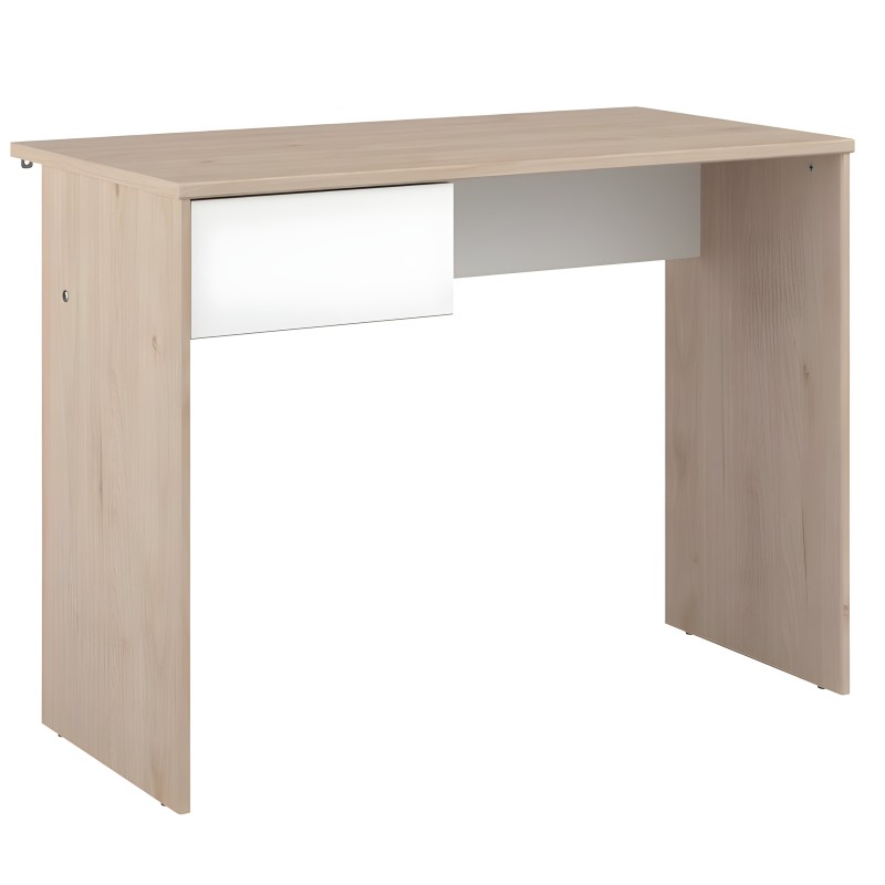 Escritorio de madera clara con cajón blanco y hueco inferior para mayor funcionalidad