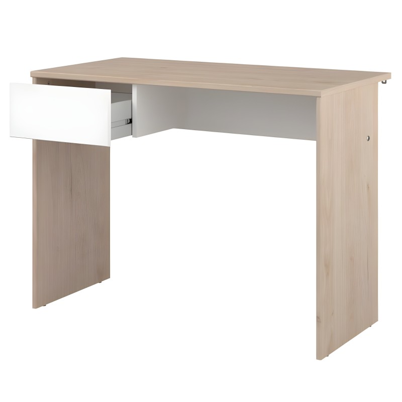 Escritorio de madera clara con cajón blanco y hueco inferior para las piernas y almacenamiento