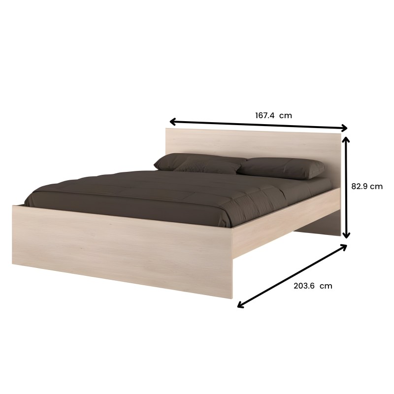 Cama de madera clara con respaldo tapizado beige y colchón gris oscuro con almohadas incluidas vista en perspectiva