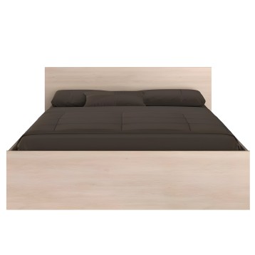 Cama de madera clara con cabecero y colchón gris oscuro y almohadas a juego vista frontal