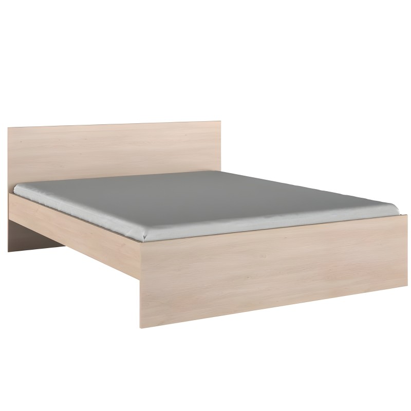 Cama de madera clara con cabecero y somier tapizado en gris vista frontal y lateral