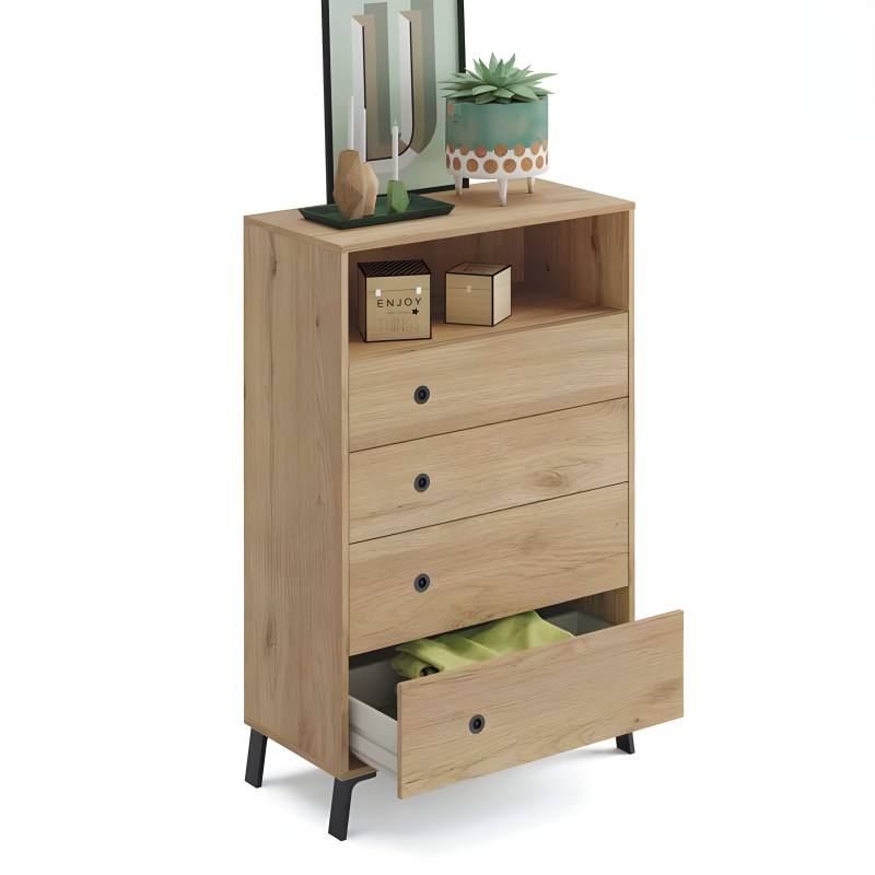 Cómoda de madera clara con cuatro cajones y nicho abierto superior decorada con plantas y espejo en ambiente
