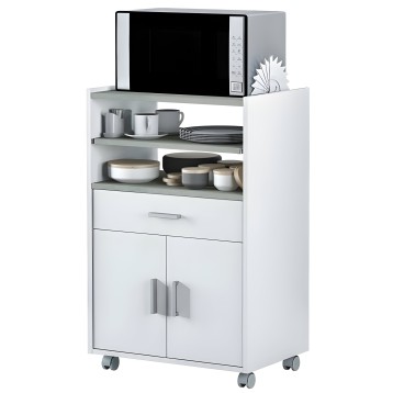 Mueble auxiliar de cocina blanco con ruedas y estantes abiertos para microondas y vajilla