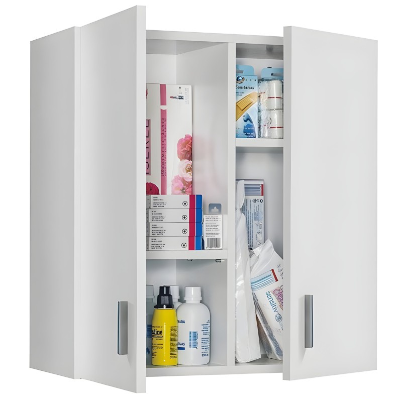 Armario blanco de con puertas abiertas y estantes con productos de limpieza e higiene