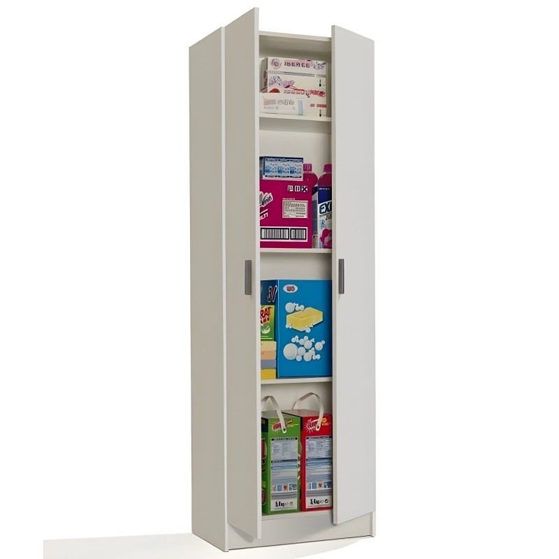 Armario alto blanco con puertas abatibles y estantes de almacenaje para productos diversos