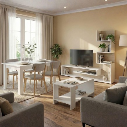 Ambiente de salón comedor con muebles blancos y madera natural incluyendo mesa tv y estanterías en tonos claros