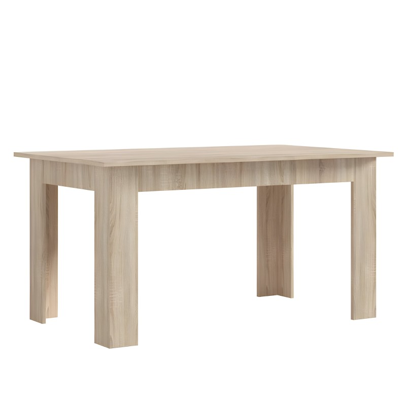 Mesa de comedor rectangular en madera clara con patas macizas y tablero liso vista frontal